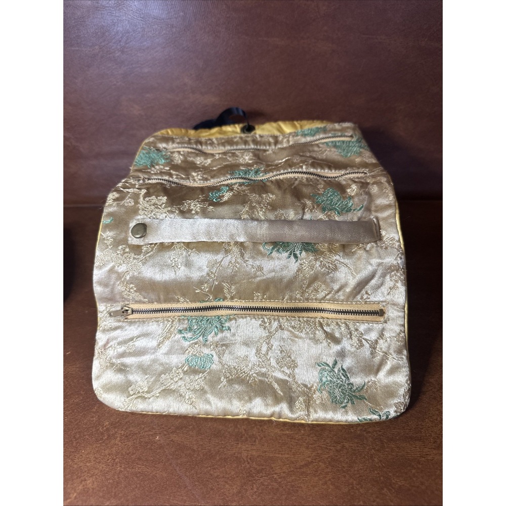VTG Mele Rayon Satin Brocade Jewel Case Travel Jewelry Roll Gold/Seafoam Green